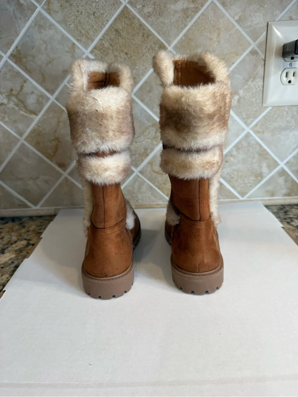 U.S. Polo Assn Girls Size 12C Brown Faux Fur Pom Pom Tall Winter Boots Zip